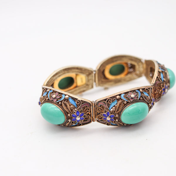 QING DYNASTY 1900 Chinese Export Enameled Bracelet In .900 Silver & Turquoises