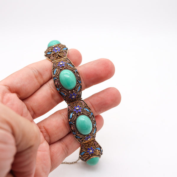 QING DYNASTY 1900 Chinese Export Enameled Bracelet In .900 Silver & Turquoises