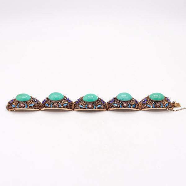 QING DYNASTY 1900 Chinese Export Enameled Bracelet In .900 Silver & Turquoises