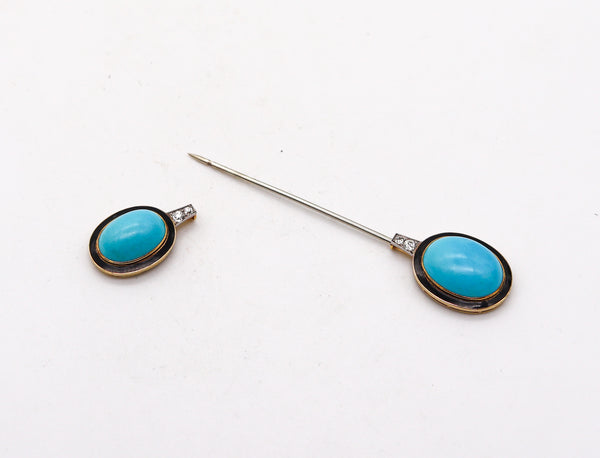 CARTIER 1930 Art Deco Enameled Jabot In 18kt Gold With Diamonds And Turquoises