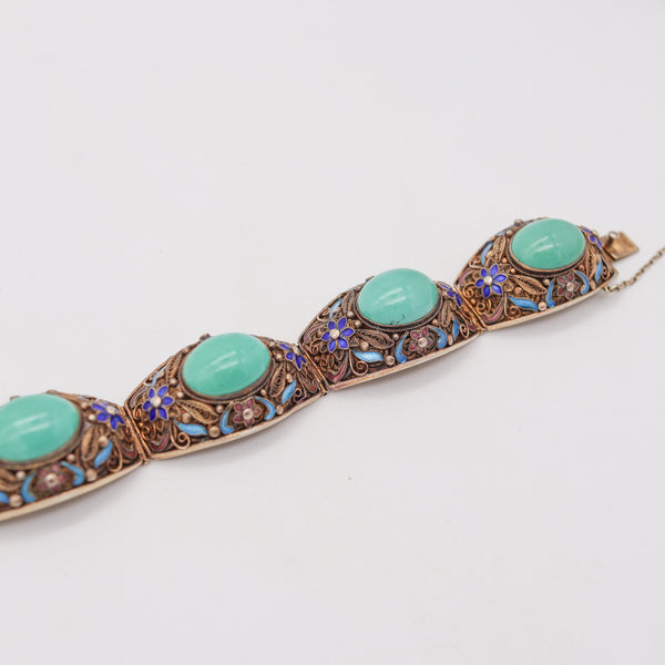 QING DYNASTY 1900 Chinese Export Enameled Bracelet In .900 Silver & Turquoises