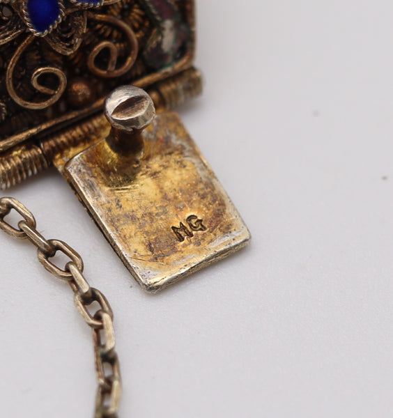 QING DYNASTY 1900 Chinese Export Enameled Bracelet In .900 Silver & Turquoises