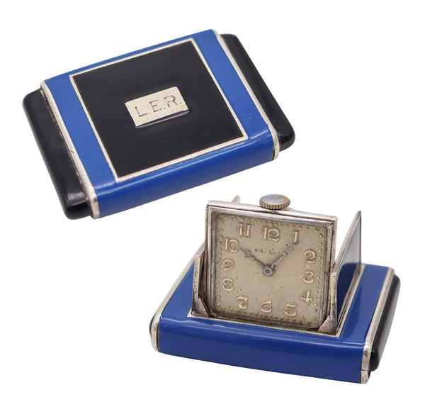 LA CAPTIVE 1930 Art Deco Enameled Squeeze Travel Clock In .925 Sterling Silver