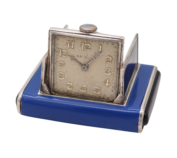 LA CAPTIVE 1930 Art Deco Enameled Squeeze Travel Clock In .925 Sterling Silver