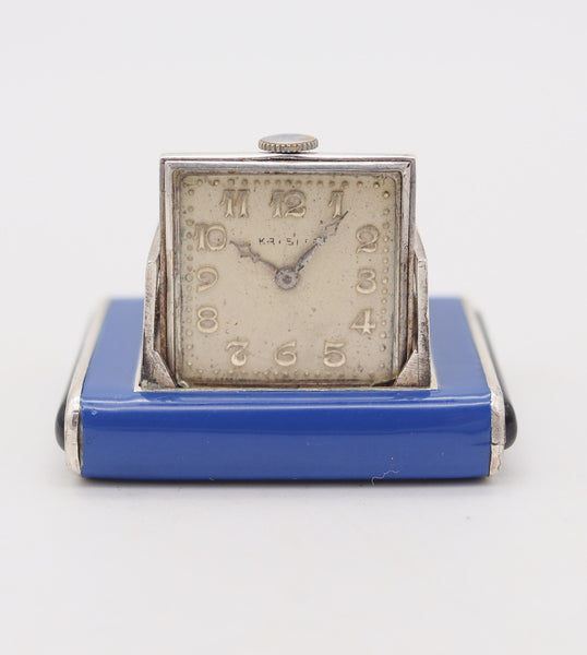 LA CAPTIVE 1930 Art Deco Enameled Squeeze Travel Clock In .925 Sterling Silver