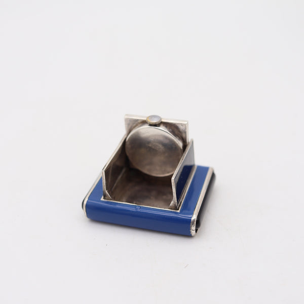 LA CAPTIVE 1930 Art Deco Enameled Squeeze Travel Clock In .925 Sterling Silver