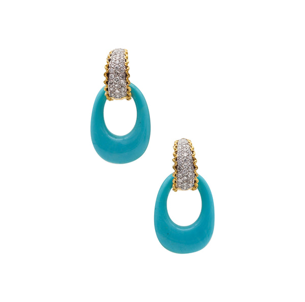-Modernist Turquoises Convertible Earrings 18Kt Gold Platinum And 3.64 Ctw In Diamonds
