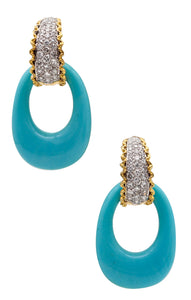 -Modernist Turquoises Convertible Earrings 18Kt Gold Platinum And 3.64 Ctw In Diamonds