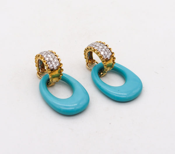 -Modernist Turquoises Convertible Earrings 18Kt Gold Platinum And 3.64 Ctw In Diamonds