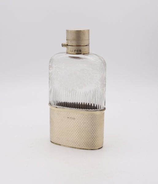 ERNEST DREW & SONS 1927 London Liquor Flask In Engraved Crystal & Sterling Silver