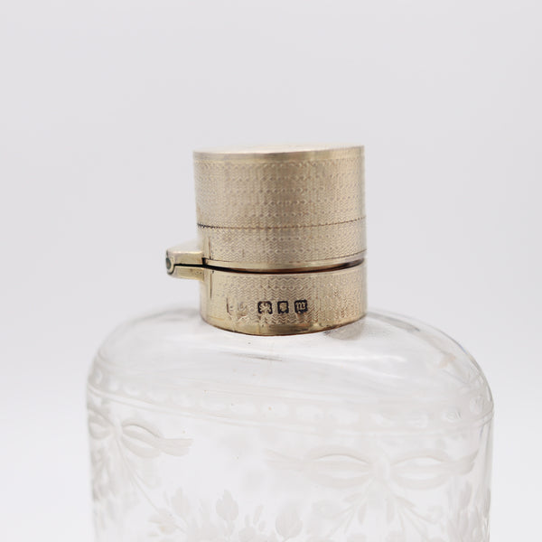 ERNEST DREW & SONS 1927 London Liquor Flask In Engraved Crystal & Sterling Silver