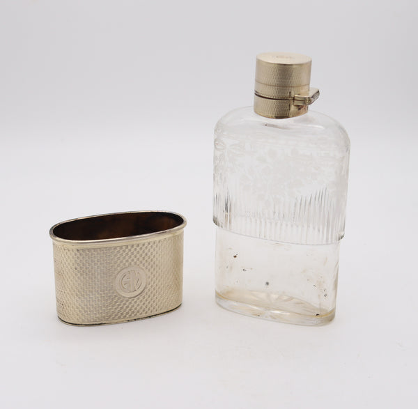 ERNEST DREW & SONS 1927 London Liquor Flask In Engraved Crystal & Sterling Silver