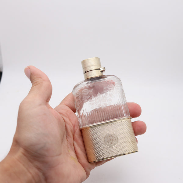 ERNEST DREW & SONS 1927 London Liquor Flask In Engraved Crystal & Sterling Silver