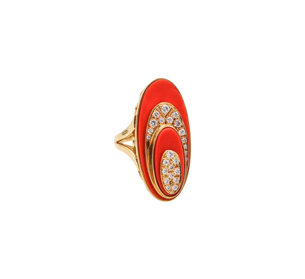 -Retro Modern 1970 Sculptural Geometric Ring In 18Kt Gold With Diamonds And Coral