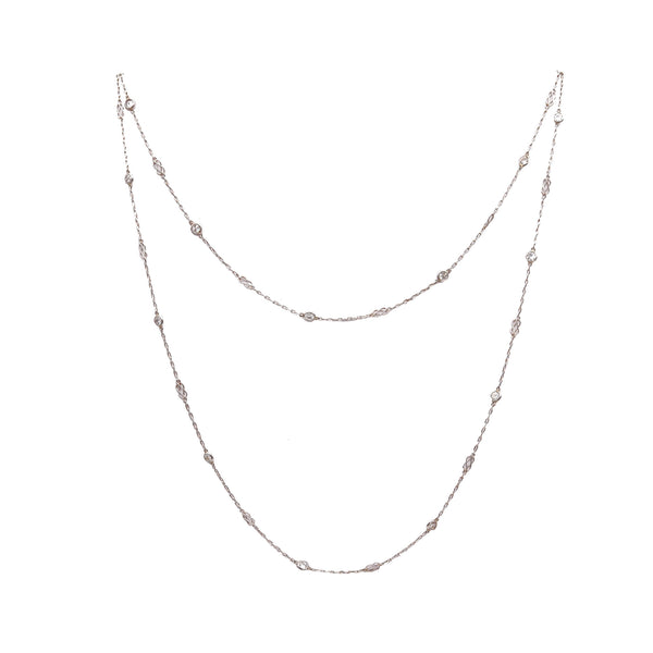 ART DECO 1930 Platinum Stations Necklace Sautoir With 1.82 Cts In Round Diamonds