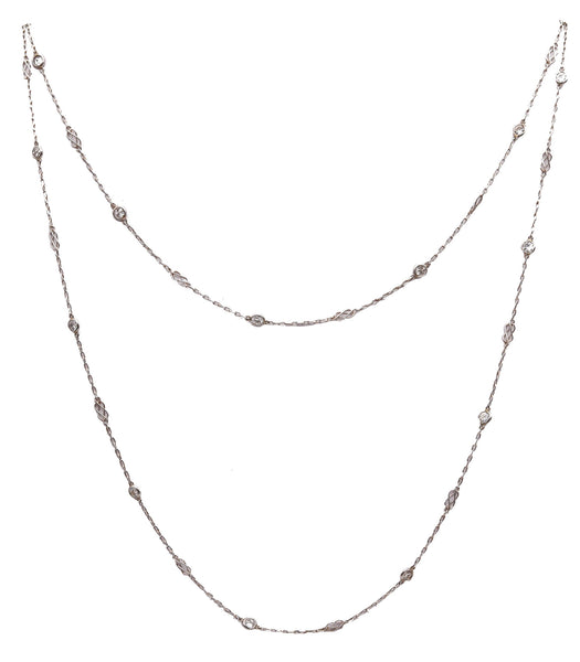 ART DECO 1930 Platinum Stations Necklace Sautoir With 1.82 Cts In Round Diamonds
