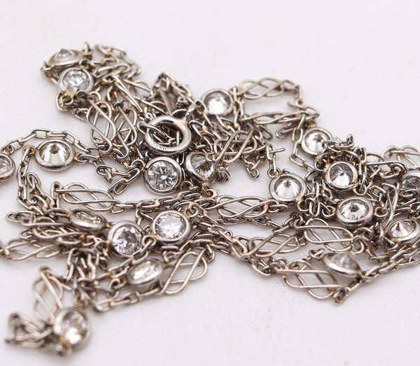 ART DECO 1930 Platinum Stations Necklace Sautoir With 1.82 Cts In Round Diamonds