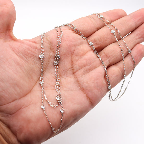 ART DECO 1930 Platinum Stations Necklace Sautoir With 1.82 Cts In Round Diamonds
