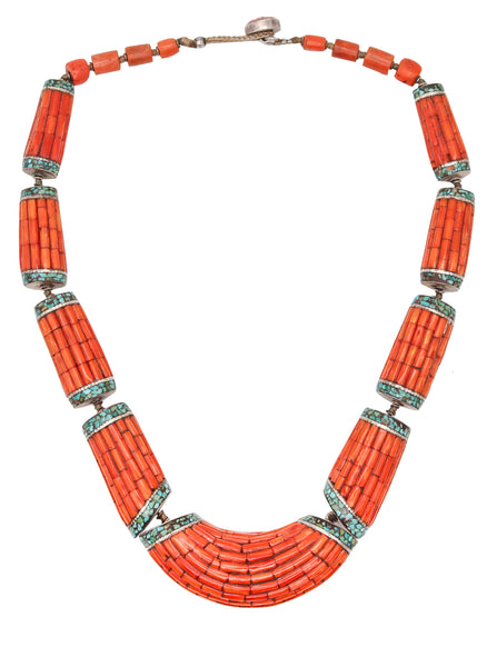 TIBETAN 1920 Antique Necklace In Sterling Silver With Carved Corals & Turquoises