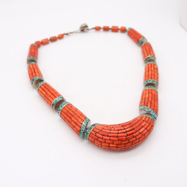 TIBETAN 1920 Antique Necklace In Sterling Silver With Carved Corals & Turquoises