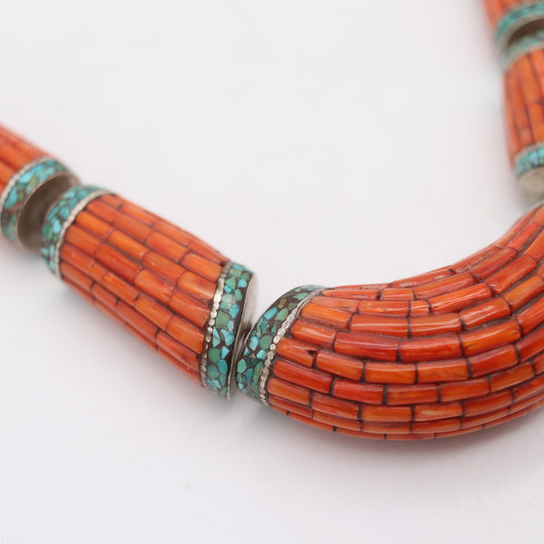TIBETAN 1920 Antique Necklace In Sterling Silver With Carved Corals & Turquoises