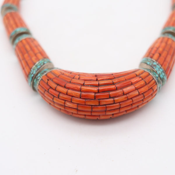 TIBETAN 1920 Antique Necklace In Sterling Silver With Carved Corals & Turquoises