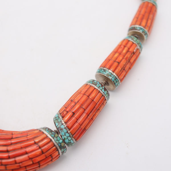 TIBETAN 1920 Antique Necklace In Sterling Silver With Carved Corals & Turquoises
