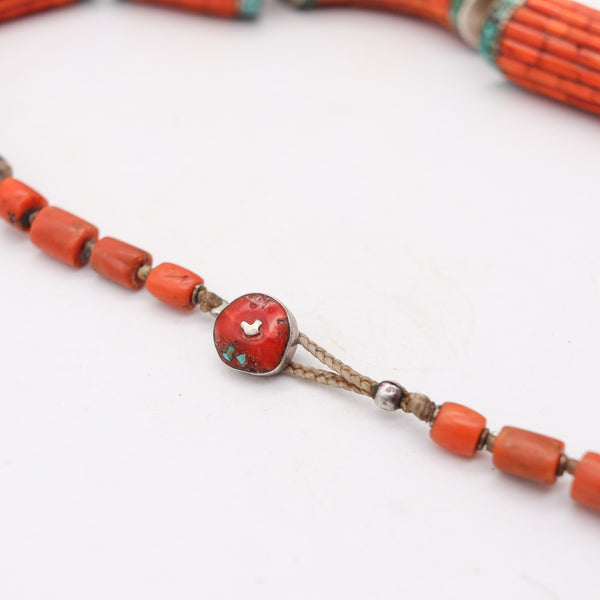 TIBETAN 1920 Antique Necklace In Sterling Silver With Carved Corals & Turquoises