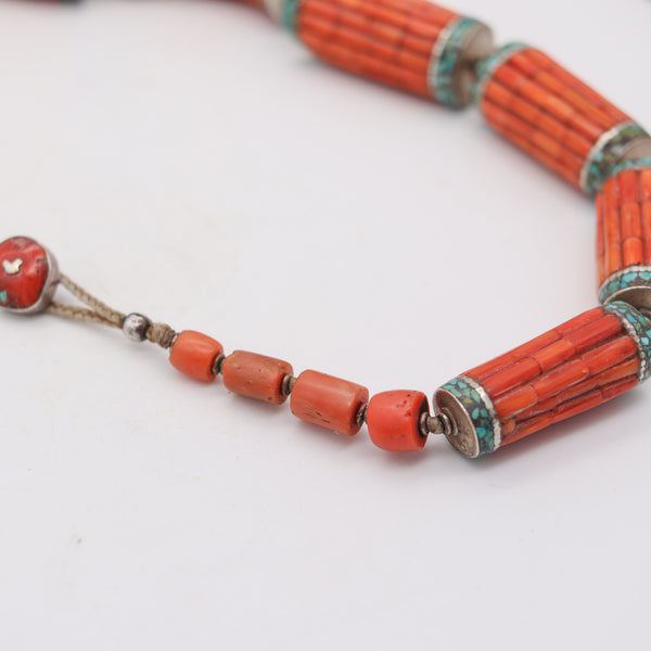 TIBETAN 1920 Antique Necklace In Sterling Silver With Carved Corals & Turquoises