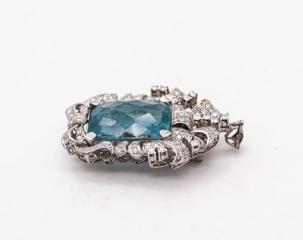 -Art Deco 1930 Convertible Pendant In Platinum And 57.31 Ctw Aquamarine And Diamonds