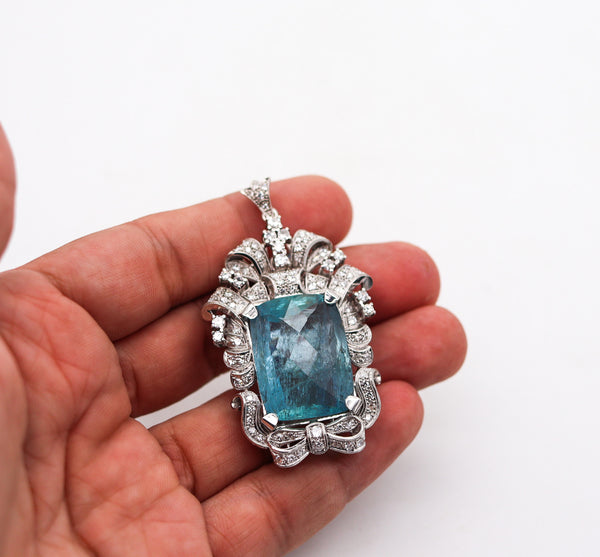 -Art Deco 1930 Convertible Pendant In Platinum And 57.31 Ctw Aquamarine And Diamonds