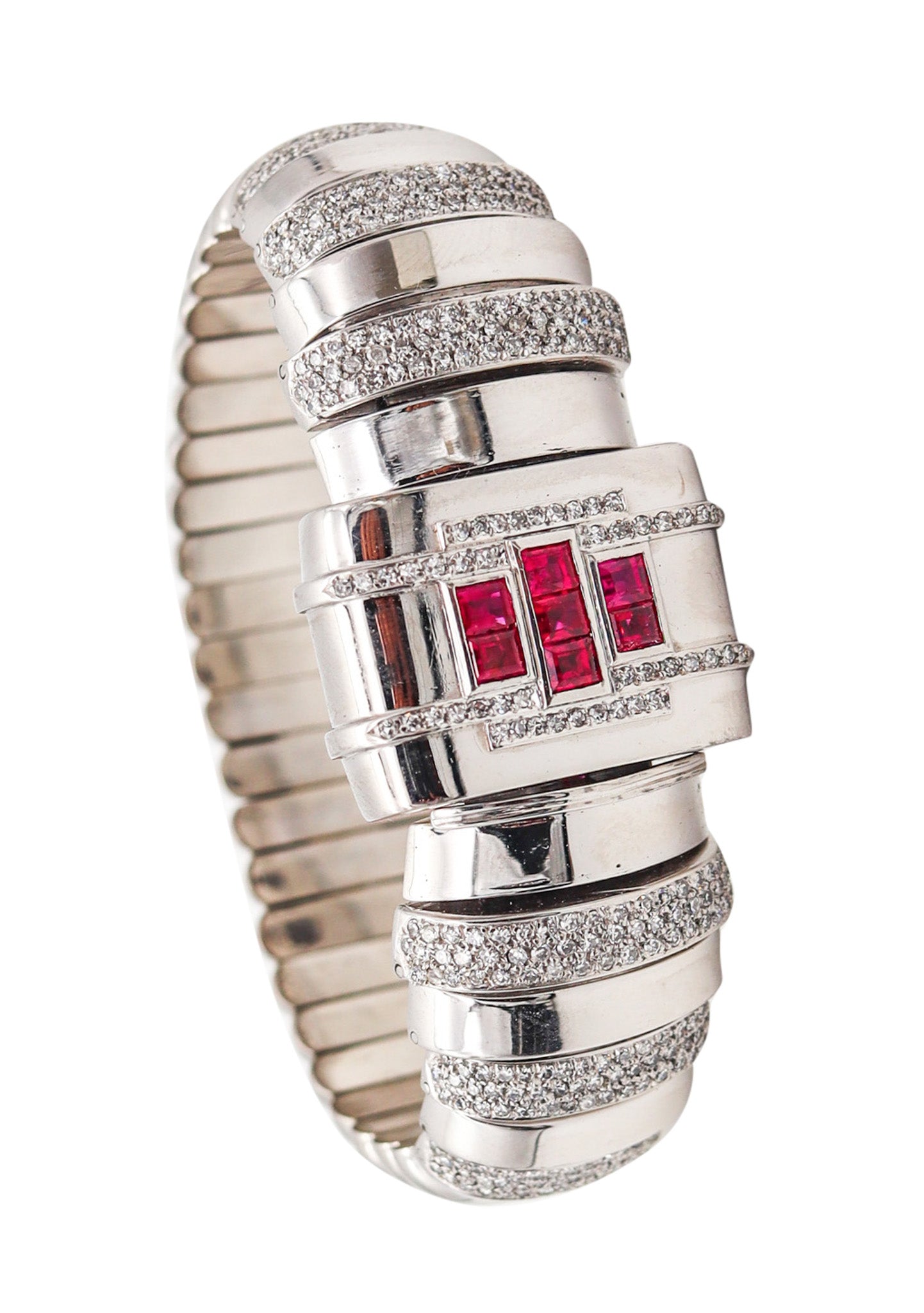 ART DECO 1935 Geometric Bracelet In Platinum And 18Kt Gold With 7.69 Ctw in Rubies & Diamonds