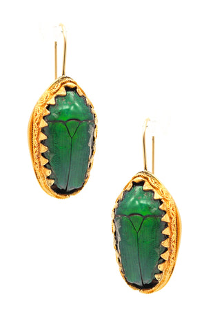 ETRUSCAN REVIVAL 1870 Victorian Earrings With Genuine Scarab Beetles In 19Kt Yellow Gold