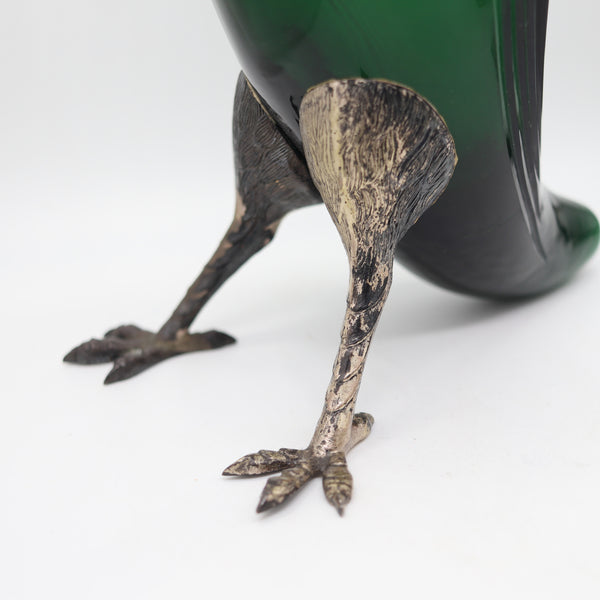 SPANISH 1930 Art-Deco Falcon Shaped Claret Wine Jar In Green Cut Glass & Sterling