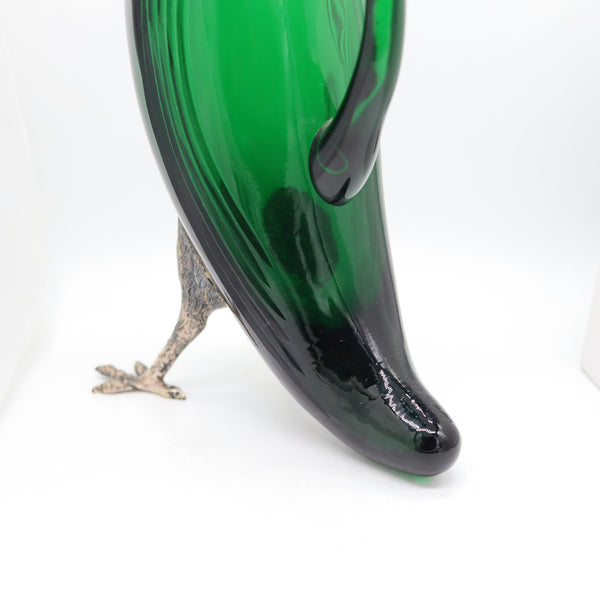 SPANISH 1930 Art-Deco Falcon Shaped Claret Wine Jar In Green Cut Glass & Sterling