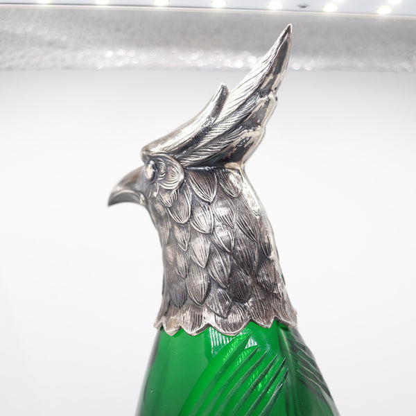 SPANISH 1930 Art-Deco Falcon Shaped Claret Wine Jar In Green Cut Glass & Sterling