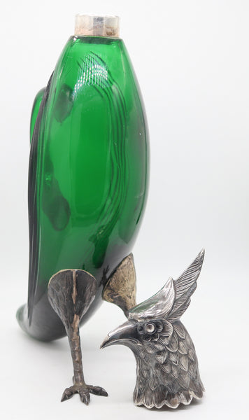 SPANISH 1930 Art-Deco Falcon Shaped Claret Wine Jar In Green Cut Glass & Sterling