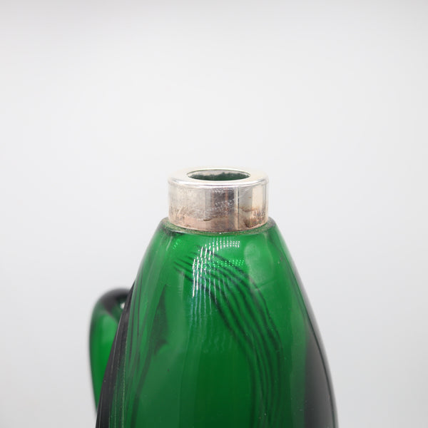 SPANISH 1930 Art-Deco Falcon Shaped Claret Wine Jar In Green Cut Glass & Sterling
