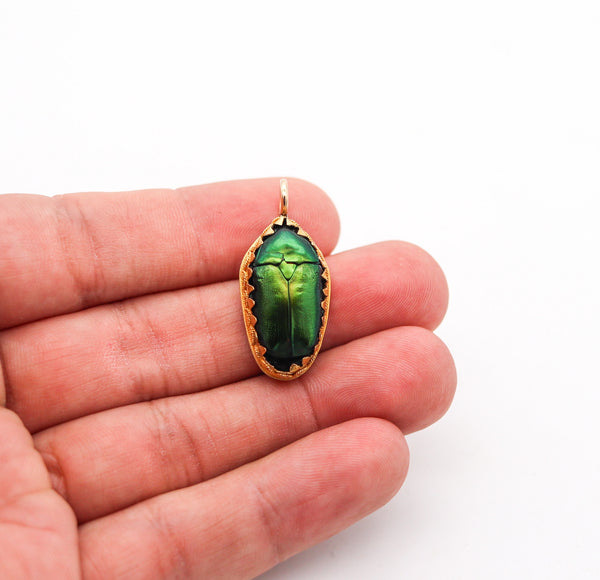 ETRUSCAN REVIVAL 1870 Victorian Pendant With Genuine Scarab Beetle In 19Kt Yellow Gold