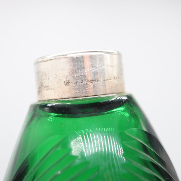 SPANISH 1930 Art-Deco Falcon Shaped Claret Wine Jar In Green Cut Glass & Sterling