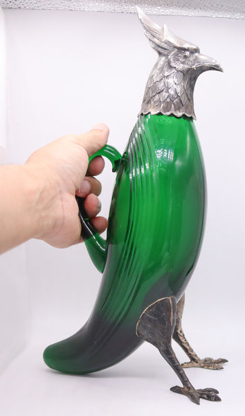 SPANISH 1930 Art-Deco Falcon Shaped Claret Wine Jar In Green Cut Glass & Sterling
