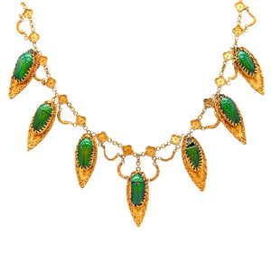 ETRUSCAN REVIVAL 1870 Victorian Festoon Necklace With Genuine Scarab Beetles In 19Kt Gold