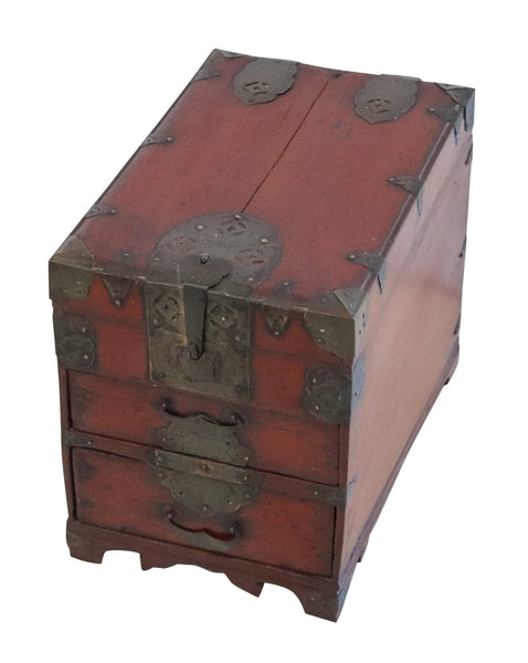 KOREAN 1880 Joseon Dynasty Writing Table Box In Reddish Patinated Wood & Bronze