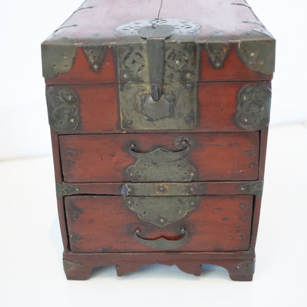 KOREAN 1880 Joseon Dynasty Writing Table Box In Reddish Patinated Wood & Bronze