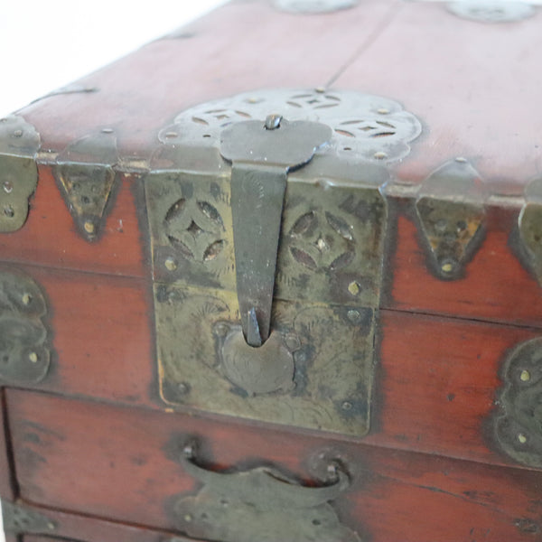 KOREAN 1880 Joseon Dynasty Writing Table Box In Reddish Patinated Wood & Bronze