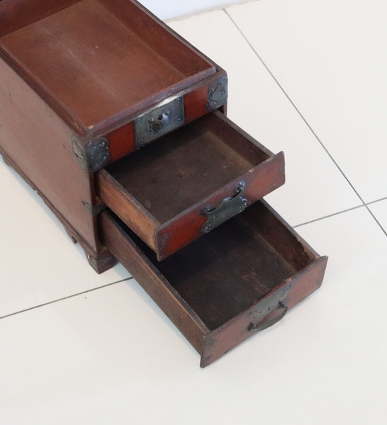 KOREAN 1880 Joseon Dynasty Writing Table Box In Reddish Patinated Wood & Bronze