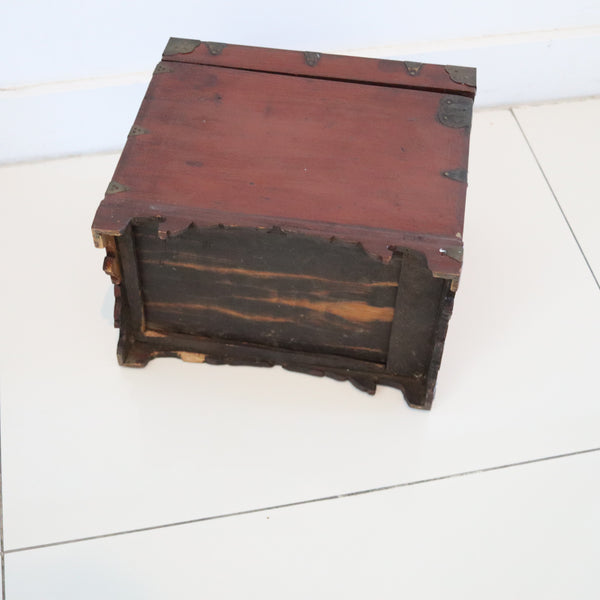 KOREAN 1880 Joseon Dynasty Writing Table Box In Reddish Patinated Wood & Bronze