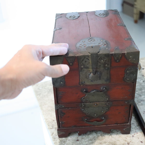 KOREAN 1880 Joseon Dynasty Writing Table Box In Reddish Patinated Wood & Bronze