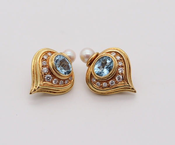 ELIZABETH GAGE England Clips Earrings In 18Kt Gold With Diamonds, Topaz & Pearls