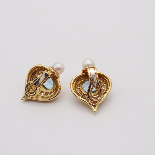 ELIZABETH GAGE England Clips Earrings In 18Kt Gold With Diamonds, Topaz & Pearls